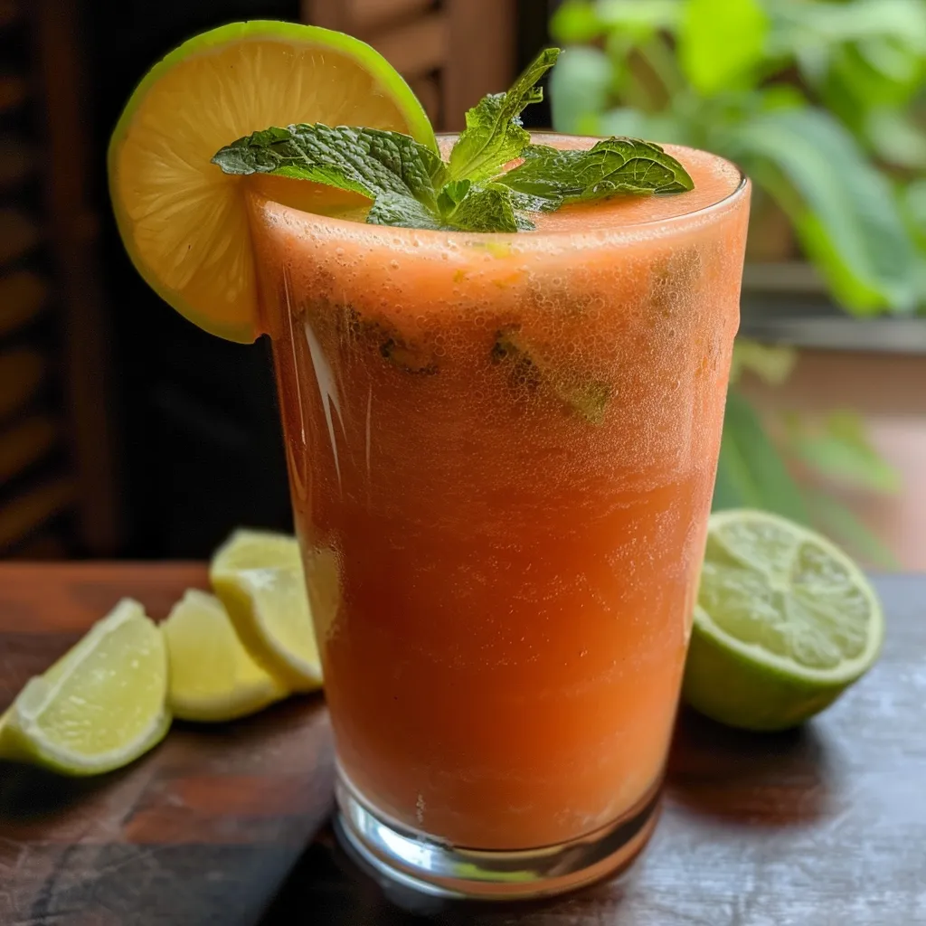 Side view of a glass filled with watermelon juice garnished with mint.