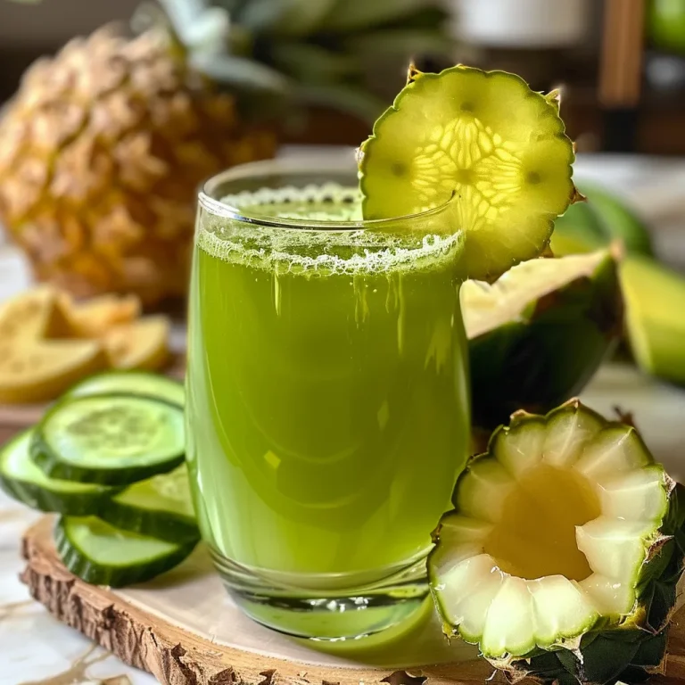 Suco Verde com Abacaxi em um copo transparente, com pedaços de abacaxi visíveis.