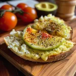 Torrada com abacate e limão, vista lateral, com tomates-cereja e queijo feta.