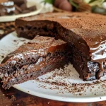 Fatia de Torta de Chocolate Cremosa com cobertura brilhante de ganache e decoração de cerejas.