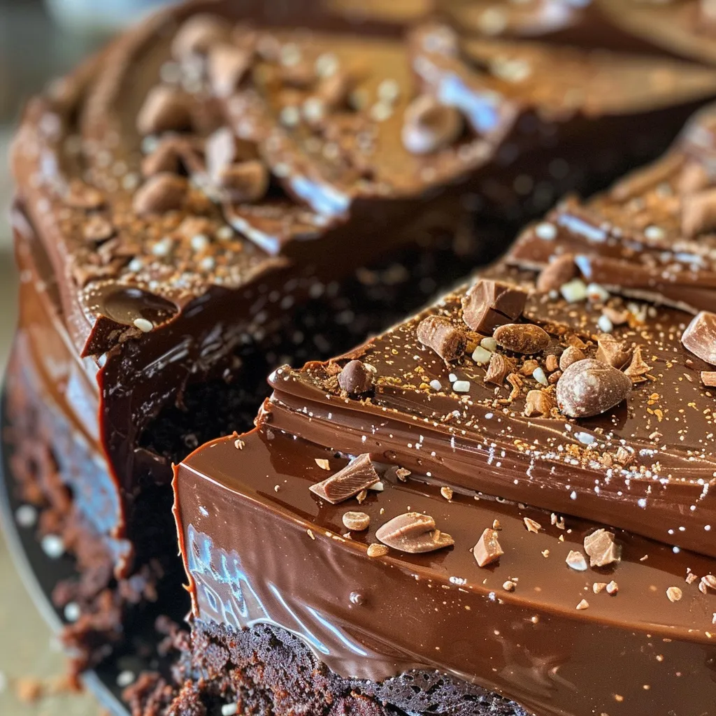 Close de uma torta de chocolate com camadas cremosas visíveis.