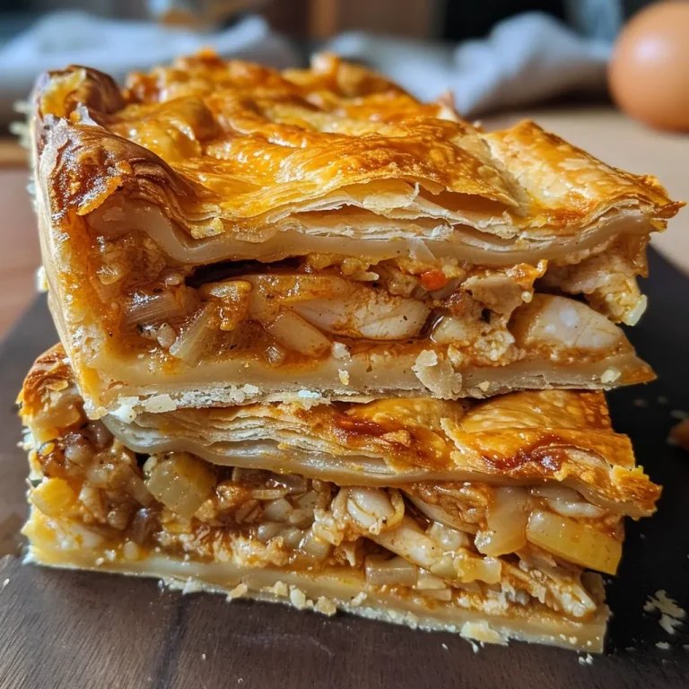Close-up de uma Torta de Frango, mostrando a crosta dourada e recheio suculento.