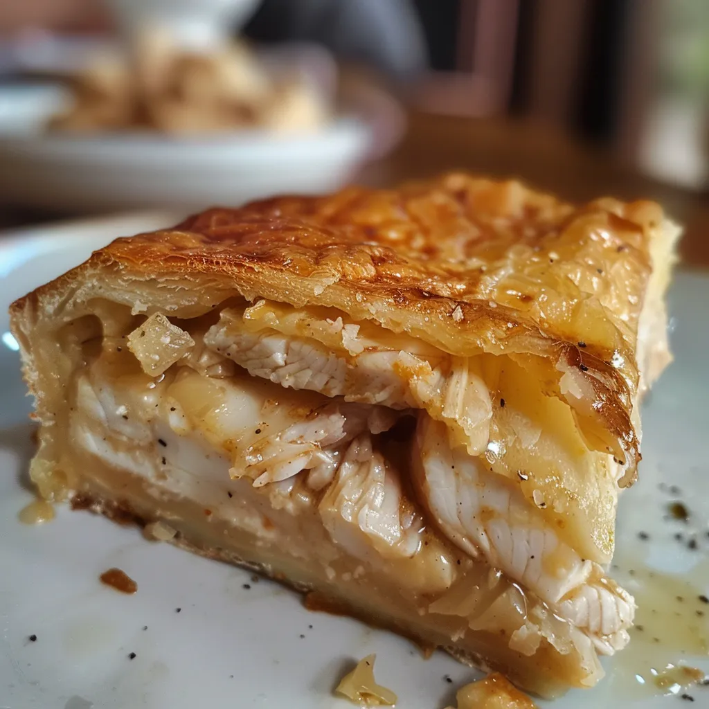 Vista lateral de uma Torta de Frango, revelando sua textura e ingredientes internos.