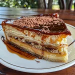 Close-up side view of a Torta Holandesa with creamy layers and chocolate topping.