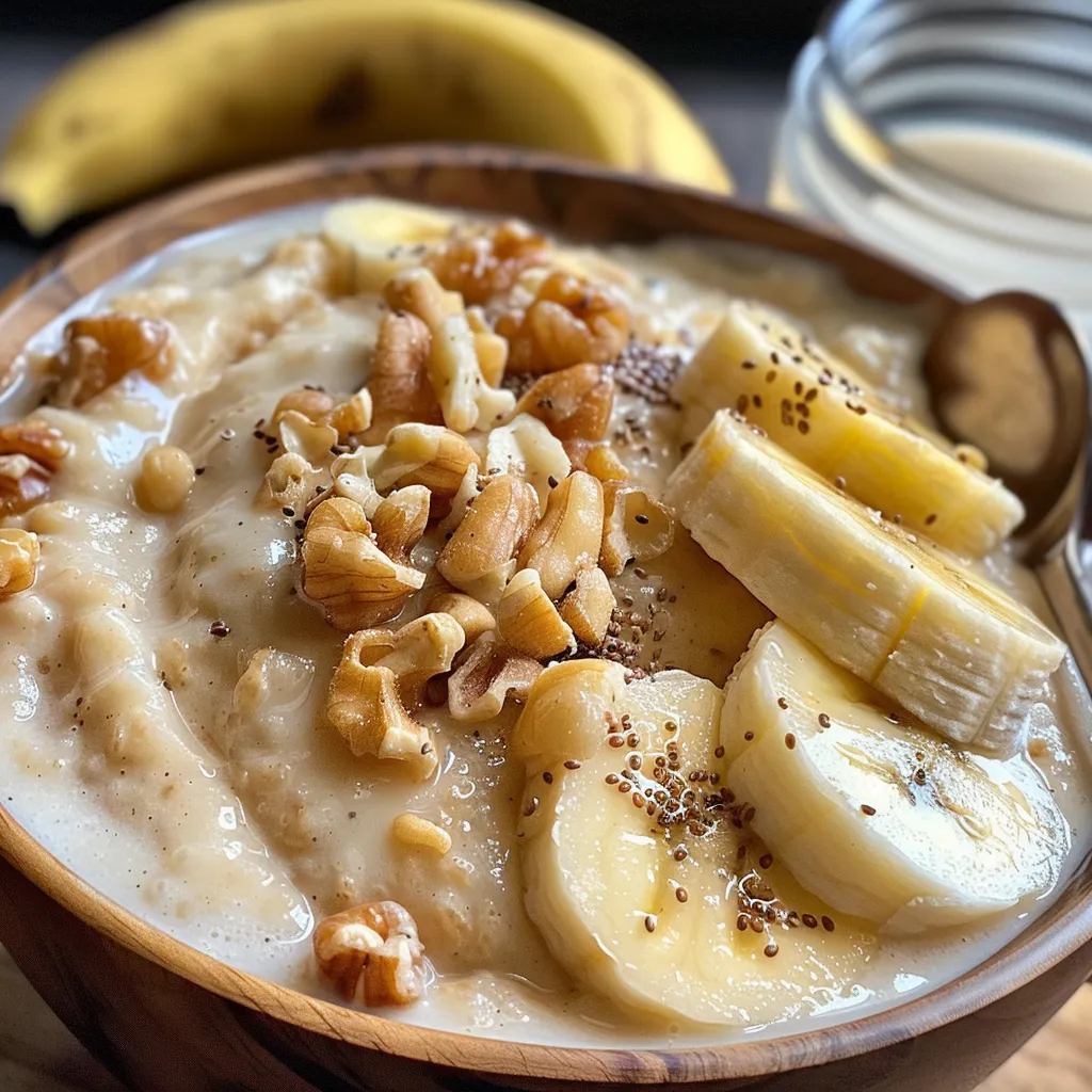 Side view of a creamy banana and oat smoothie, highlighting its texture.