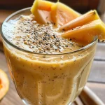 Close-up of a creamy smoothie made with papaya and oats, served in a glass.