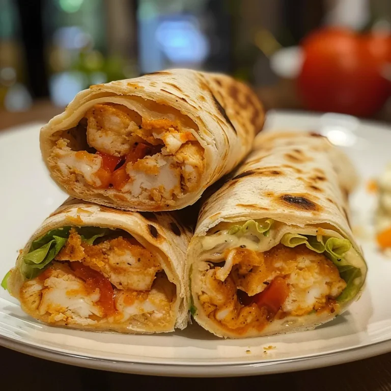 Close-up side view of a juicy Wrap de Frango, showcasing chicken strips and fresh ingredients.