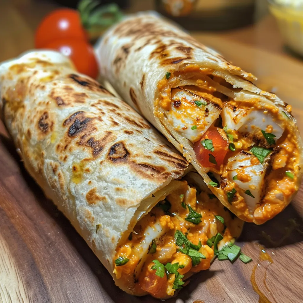 Detailed shot of a delicious Wrap de Frango, revealing layers of chicken and vegetables.