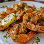 Close-up of sautéed shrimp in garlic and lemon sauce garnished with herbs.