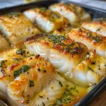 Close-up view of juicy baked fish fillets garnished with herbs and lemon slices.
