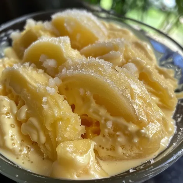 Pudim gelado de maracujá em close, com textura cremosa e cobertura de maracujá.