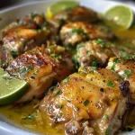 Peitos de frango suculentos cobertos com molho verde e fatias de limão.