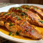 Filé de frango suculento coberto com molho de mostarda, servido em um prato raso.