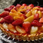 Close-up of a creamy Sobremesa Nuvem de Morango dessert with fresh strawberries.