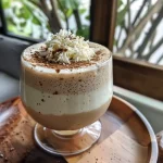 Mousse de maracujá saudável em um recipiente transparente, com uma textura cremosa e decorada com polpa de maracujá.