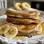 Panquecas de banana com proteína em uma superfície rústica.