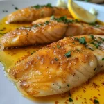 Close-up view of a juicy fillet of fish topped with yellow passion fruit sauce.