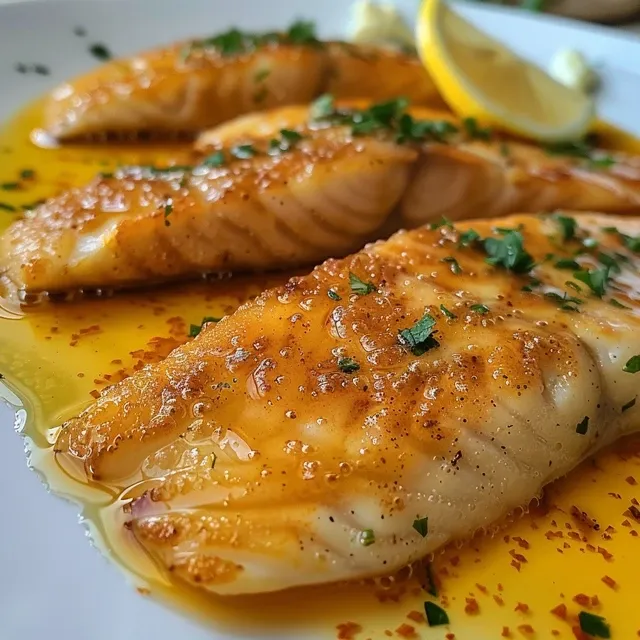 Descubra o Sabor Tropical: Fil de Peixe ao Molho de Maracuj para Encantar! Close-up view of a juicy fillet of fish topped with yellow passion fruit sauce.