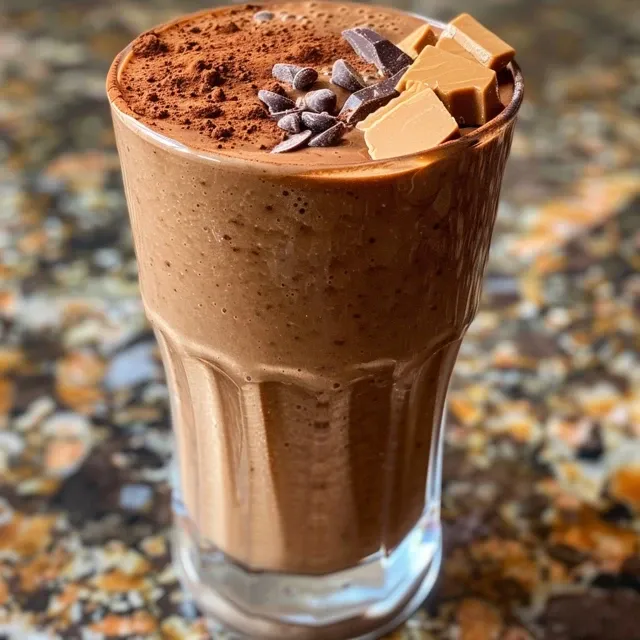 Close-up of a healthy chocolate banana smoothie in a glass with a straw.