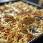 Close-up de um prato de macarrão com atum e creme de leite.