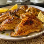 Close-up de peito de frango grelhado coberto com molho cremoso de alho e limão.