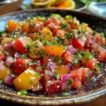 Salada de macarrão com atum, vista lateral, com ingredientes frescos e coloridos.