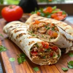 Close-up de um wrap de atum com ingredientes frescos.