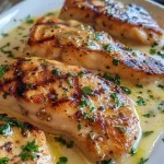 Close-up view of a juicy Filete de Frango with creamy garlic sauce.