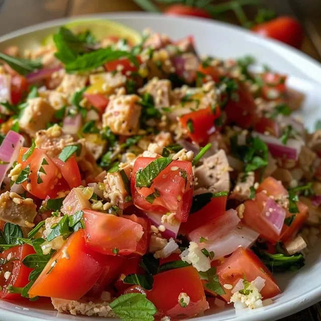 Salada de grão-de-bico com atum vista lateral, mostrando ingredientes coloridos.