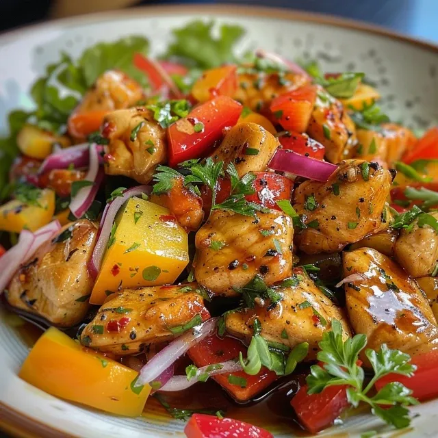 Uma Explos o de Sabores: Salada de Frango com Manga e Molho de Maracuj Close-up de uma salada com frango, manga e molho de maracujá.