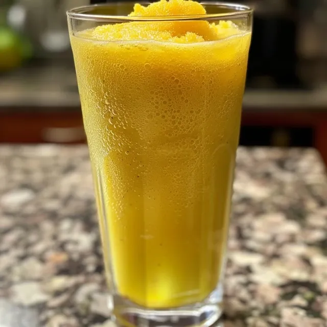 Vista lateral de um refrescante suco de frutas tropicais em um copo.
