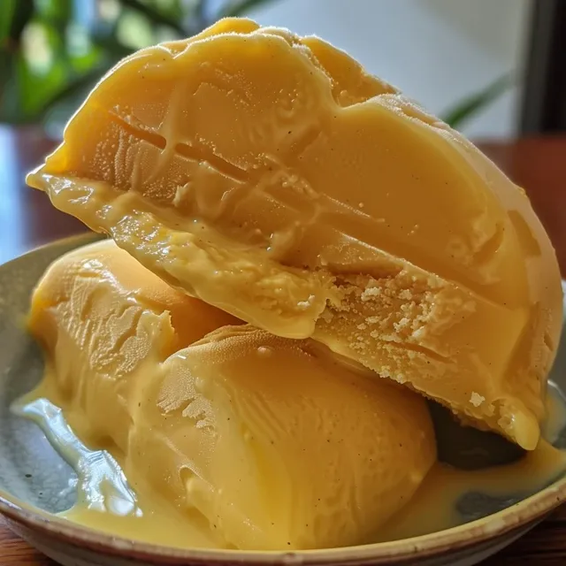 Pudim gelado de maracujá visto de lado, destacando sua cor amarelo vibrante.