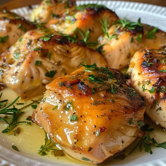 Close-up de filé de frango ao molho de mostarda, com pedaços de cebola e ervas visíveis.