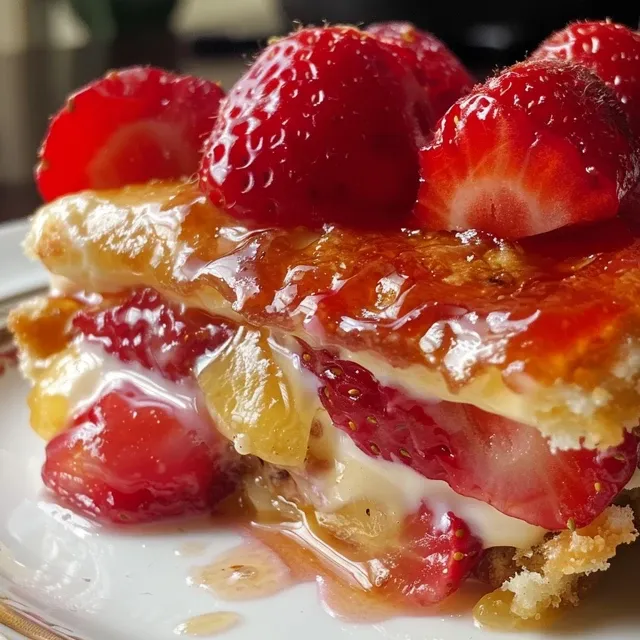 Side view of a serving of Sobremesa Nuvem de Morango, highlighting its creamy texture and strawberry pieces.