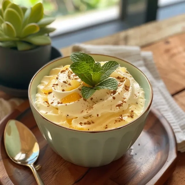 Close-up de mousse de maracujá proteica, mostrando a consistência suave e ingredientes visíveis, como pedaços de polpa de maracujá.