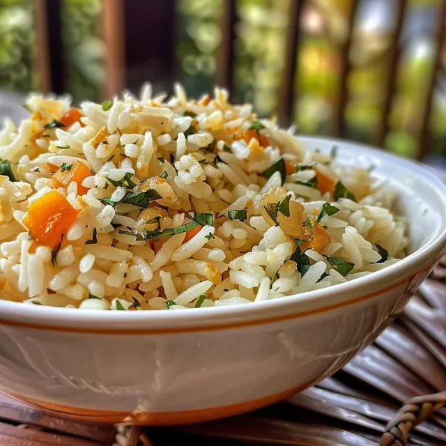 Side view of a dish of Arroz com limão e mel, highlighting the grains and garnish.