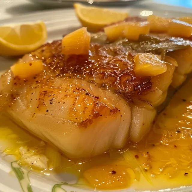 Side view of a plated fish fillet with a glossy passion fruit glaze.