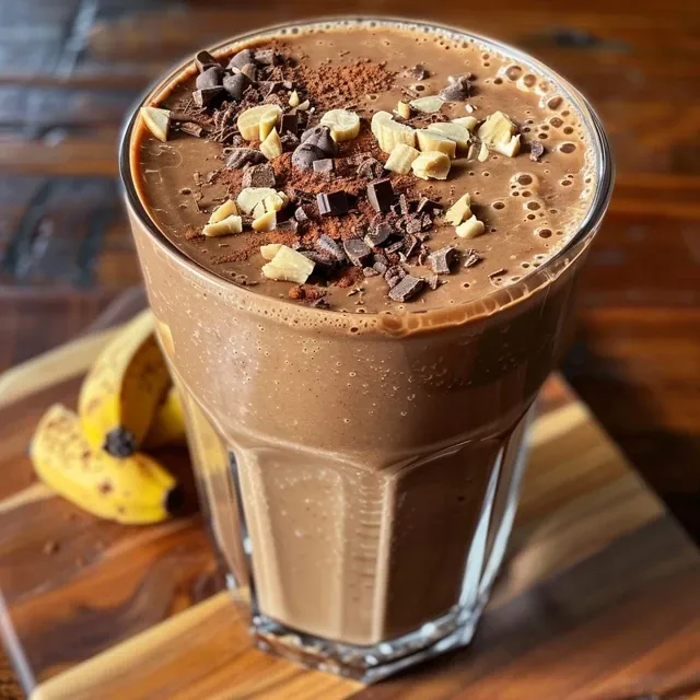 Side view of a thick chocolate banana smoothie topped with cocoa powder.