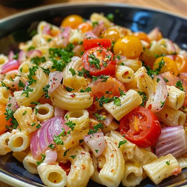 Close-up de uma salada de macarrão com atum e legumes, apresentada em um prato.