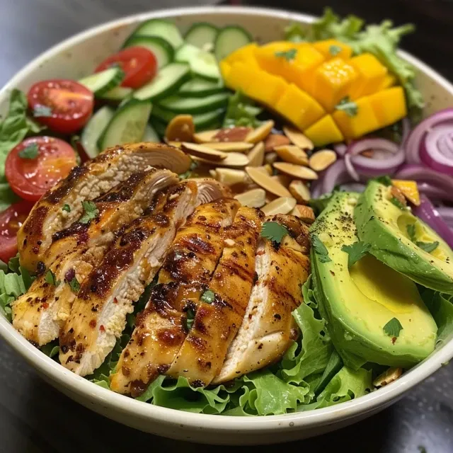 Close up de uma salada colorida com frango grelhado, manga, abacate e vegetais.