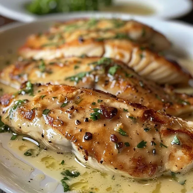Side view of tender chicken fillet drizzled with creamy garlic sauce.