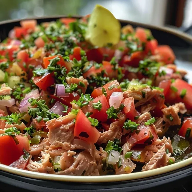 Close-up de uma salada fresca de grão-de-bico e atum, destacando tomates e cebola.