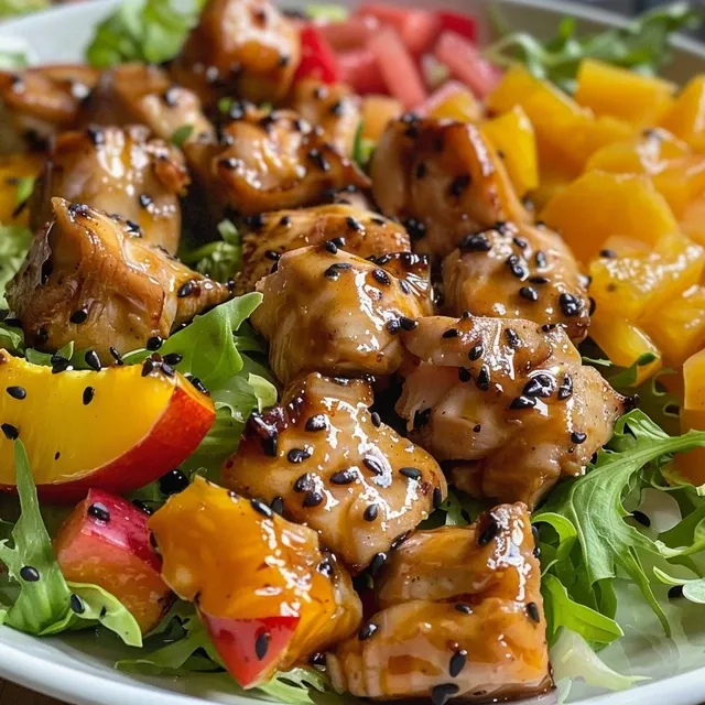 Salada colorida em primeiro plano com frango e pedaços de manga.