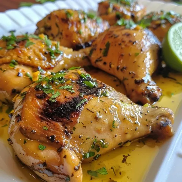 Close-up de peitos de frango com molho de coentro e limão, com aspargos ao lado.