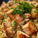 Close-up of baked rice with chicken and peas, showcasing a golden-brown crust and melted cheese.