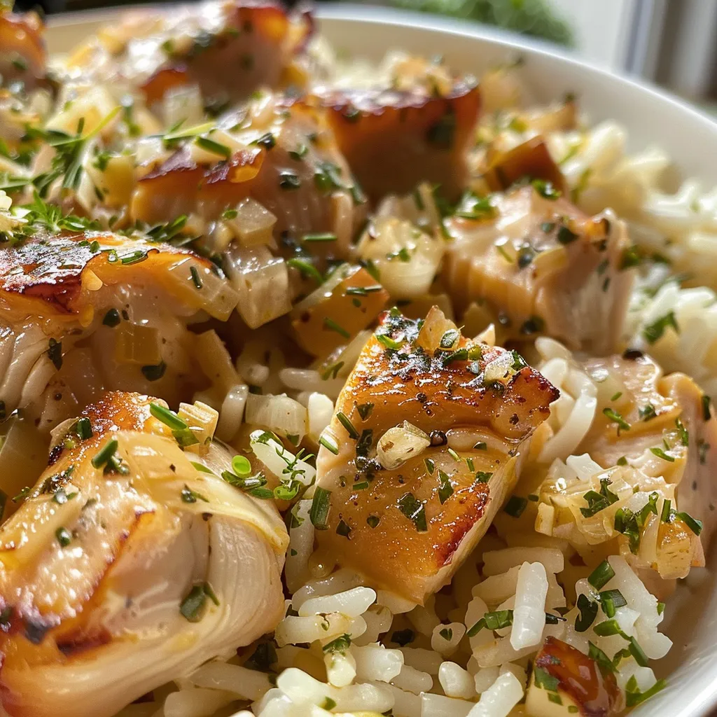 Side view of Arroz de forno com frango e ervilha, highlighting its creamy texture and colorful ingredients.