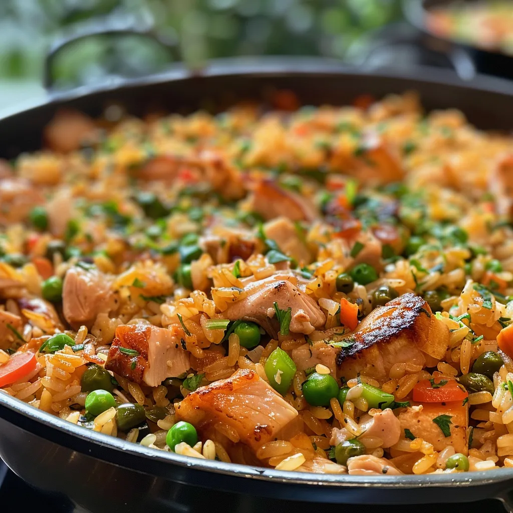 Side view of a delicious baked rice dish with brown rice, chicken, and colorful vegetables.