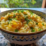 Close-up of Arroz de ovo com legumes, featuring colorful vegetables and golden eggs.