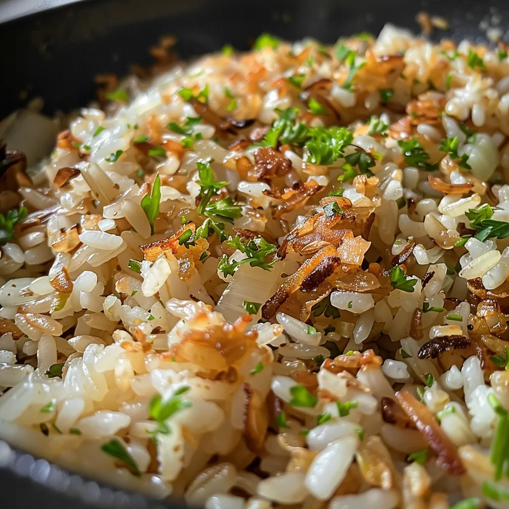 Side view of cooked integral rice garnished with pieces of onion and garlic.