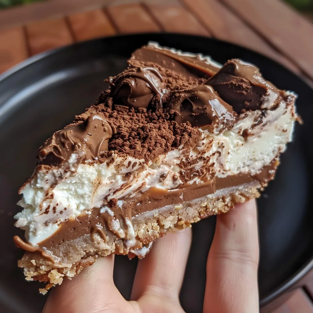 Side view of a chocolate Bolo Gelado, showcasing its layers and decoration.